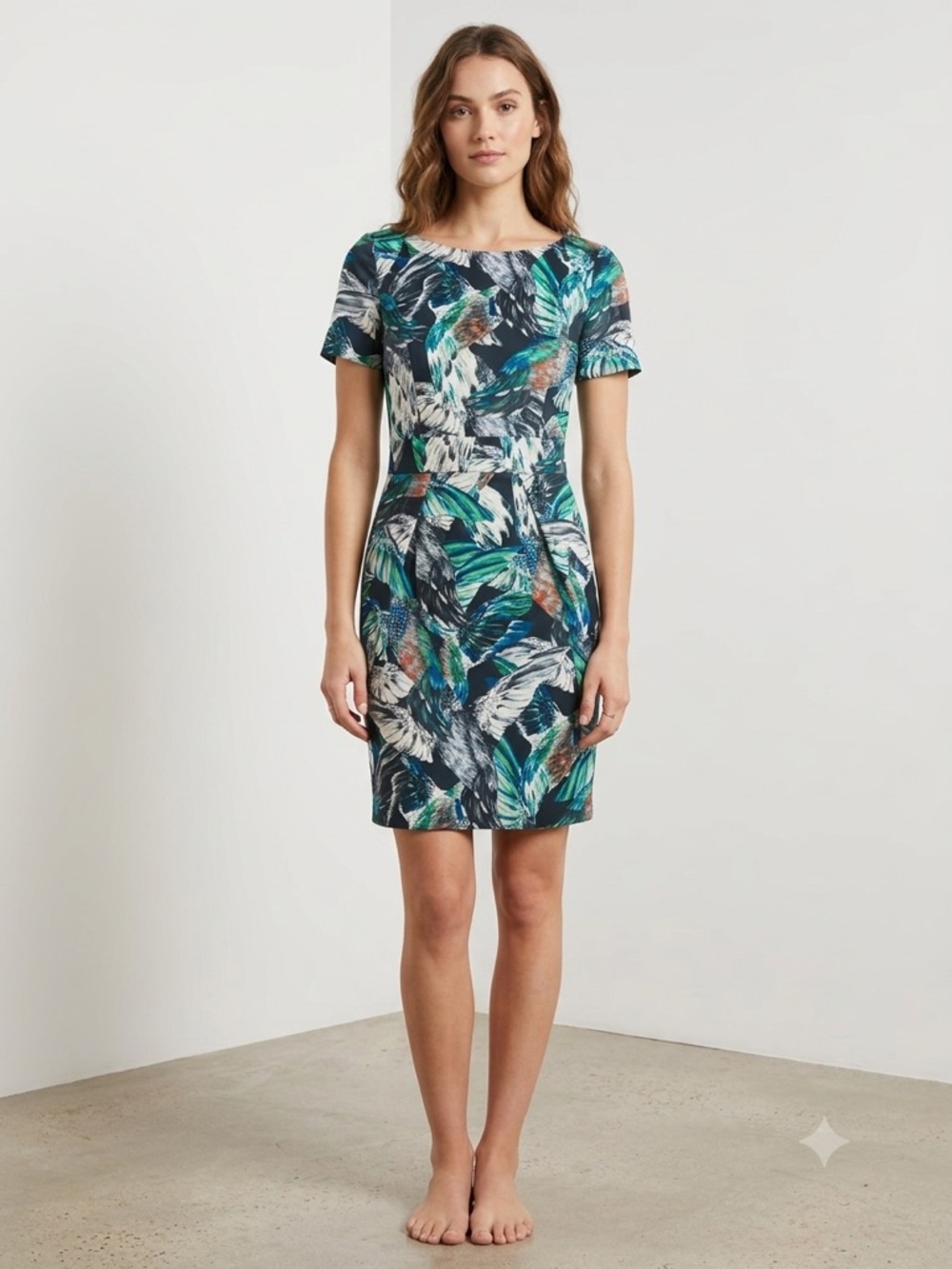 French Connection Teal, Navy & White Printed Short Sleeve Sheath Dress
